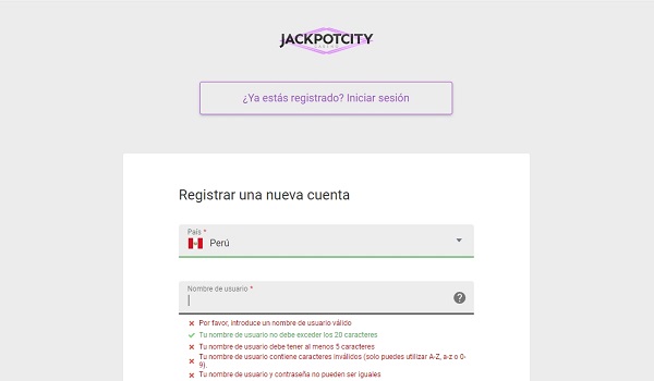 Formulario para registrarse en jackpotcity Perú