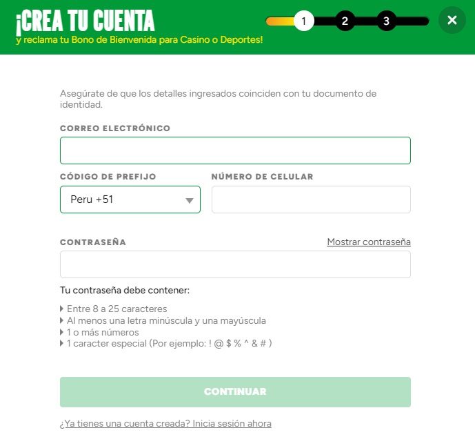 Cómo registrarse en Inkabet, primer formulario